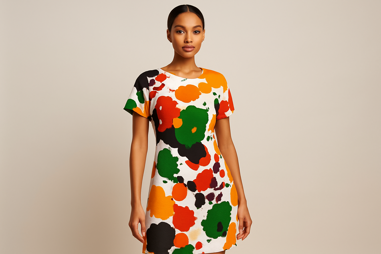 Model wearing your floral dress - Shopify optimized