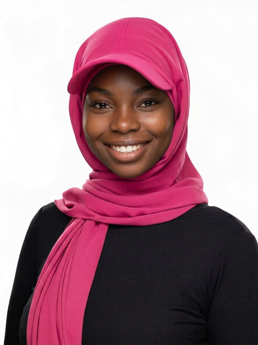 Woman wearing a fuchsia pink Baseball Cap Hijab Scarf by Head and Extra