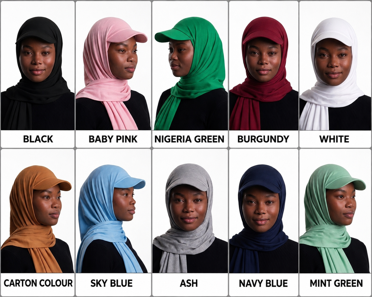 Baseball Cap Hijab Scarf color chart – Black, Baby Pink, Nigeria Green, Burgundy, White, Carton Colour, Sky Blue, Ash, Navy Blue, and Mint Green