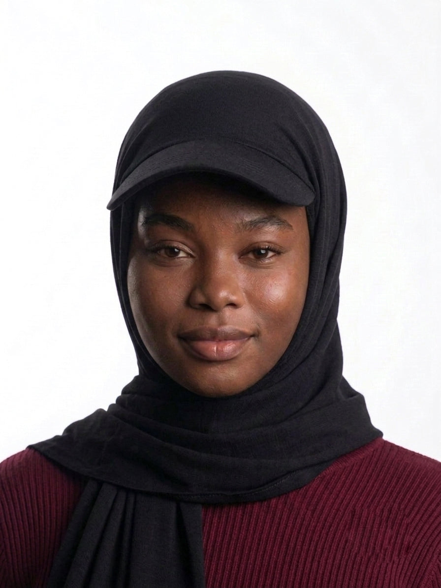 Woman wearing a black Baseball Cap Hijab Scarf by Head and Extra