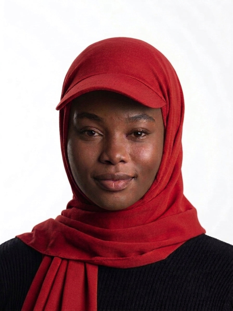 Woman wearing a red Baseball Cap Hijab Scarf, instant hijab with cap brim