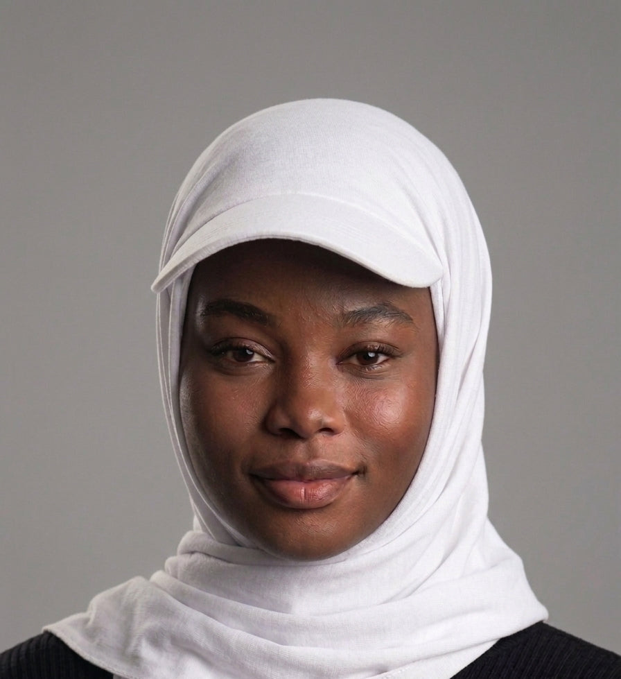 Woman wearing a white Baseball Cap Hijab Scarf by Head and Extra