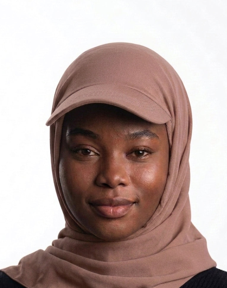 Woman wearing a nude Baseball Cap Hijab Scarf, soft instant hijab