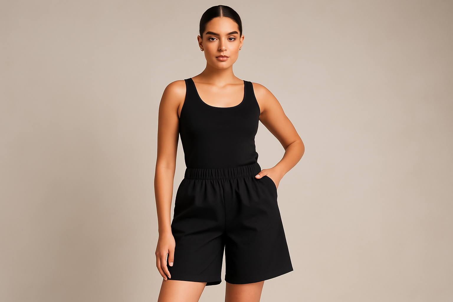 Model wearing your black shorts - Shopify optimized
